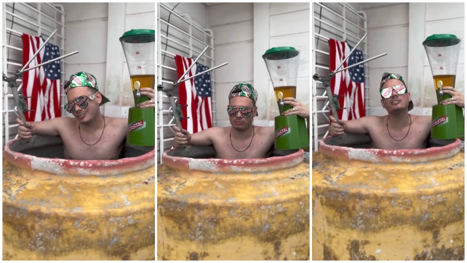 Hombre en barril con bandera y dispensador de bebida.