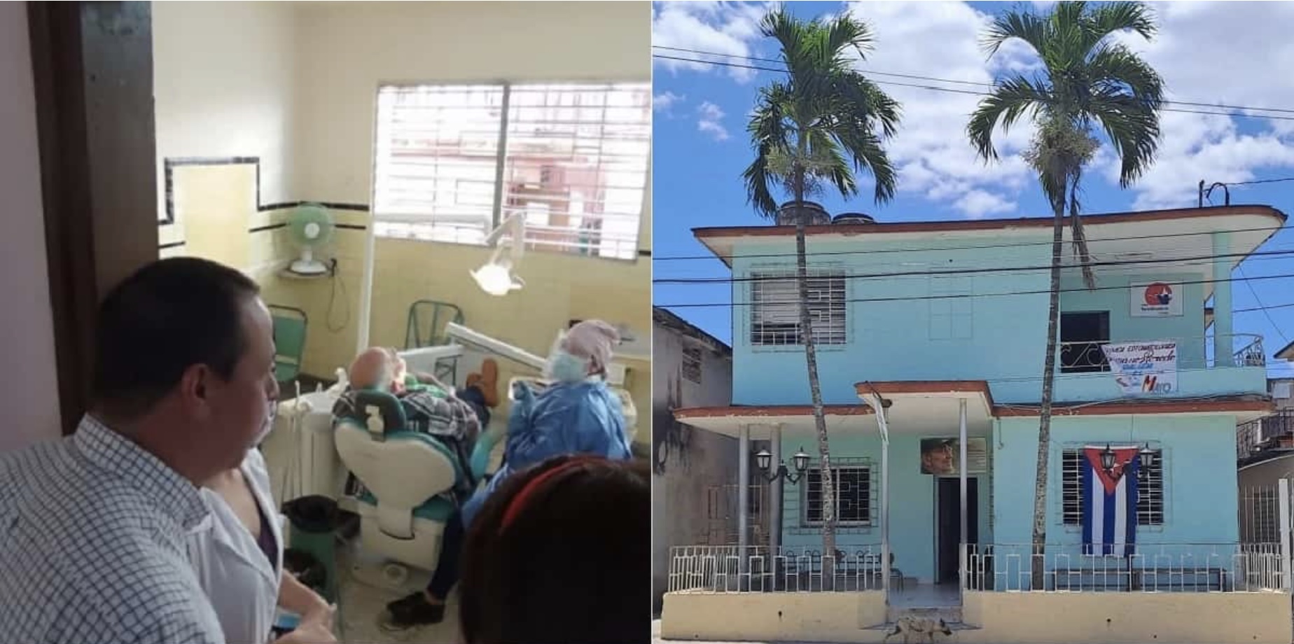 Clínica dental y edificio con bandera cubana