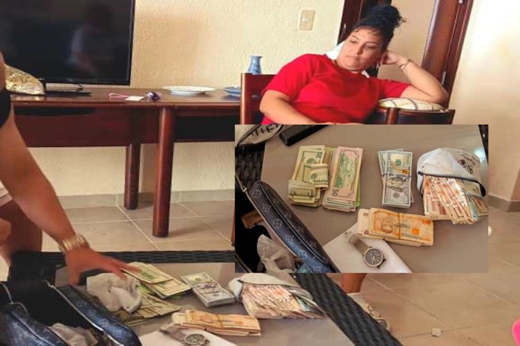 Mujer y mesa con billetes y reloj.