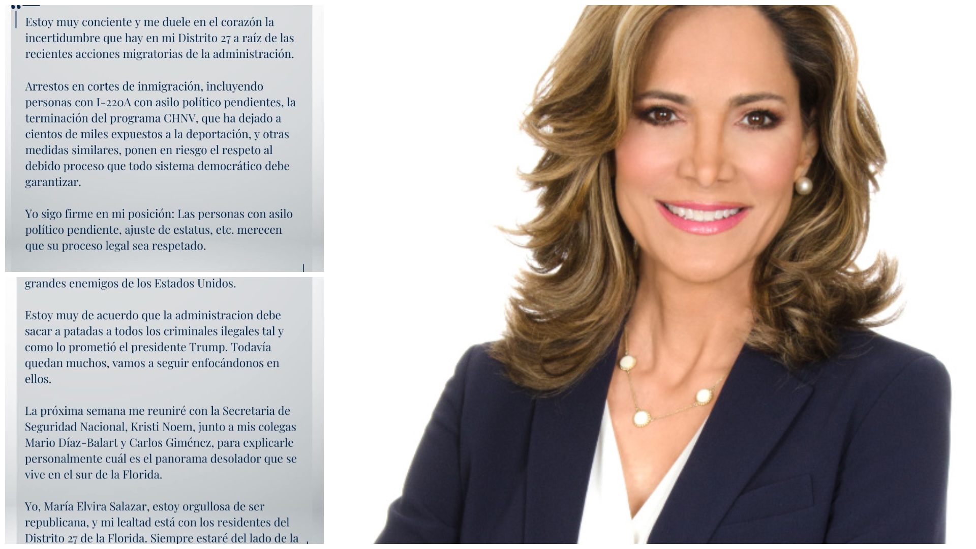 Mujer sonriendo junto a texto sobre políticas migratorias.