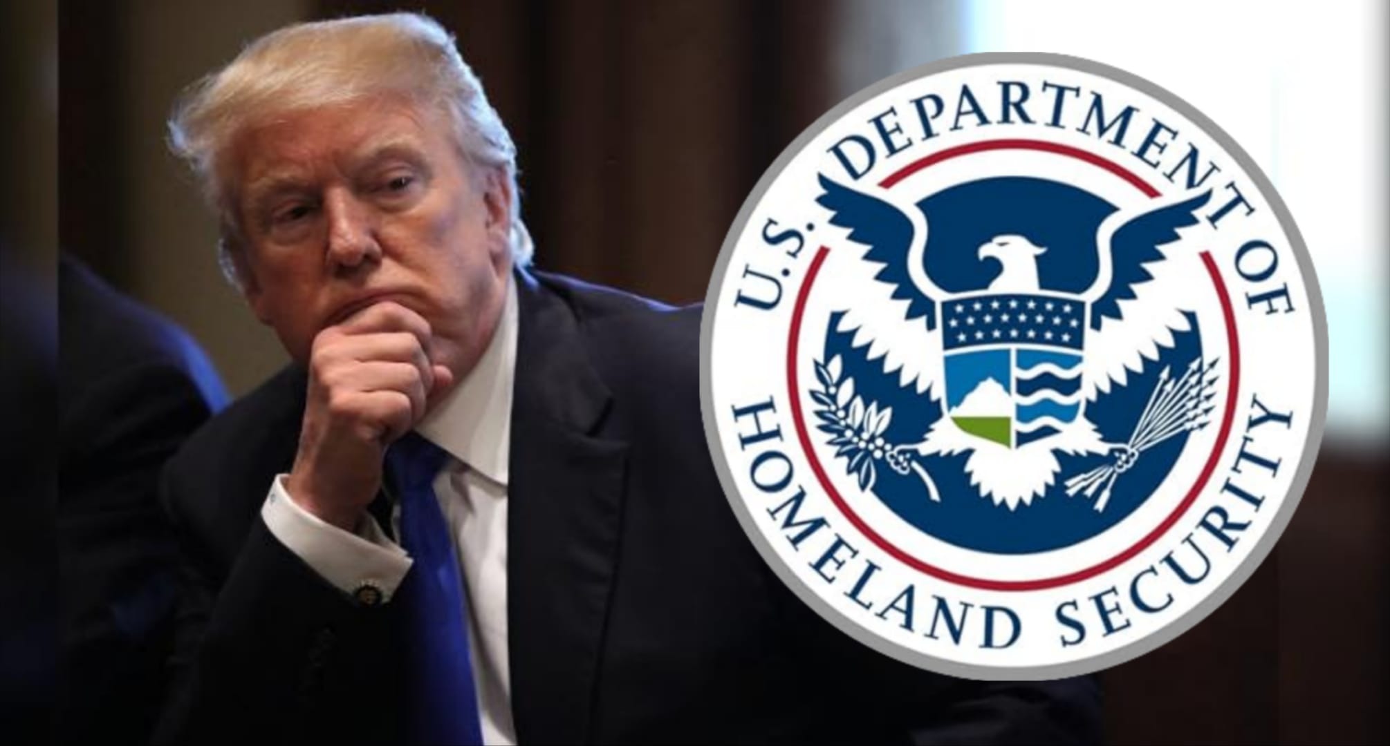 Hombre pensativo junto a logo de seguridad estadounidense.