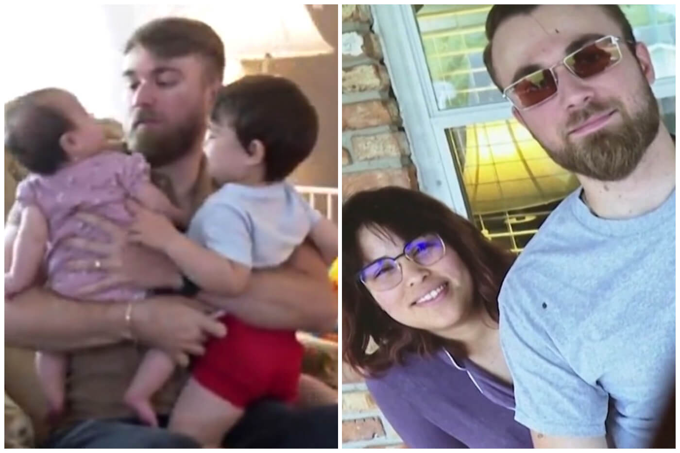 Hombre con hijos, mujer sonriente en casa.