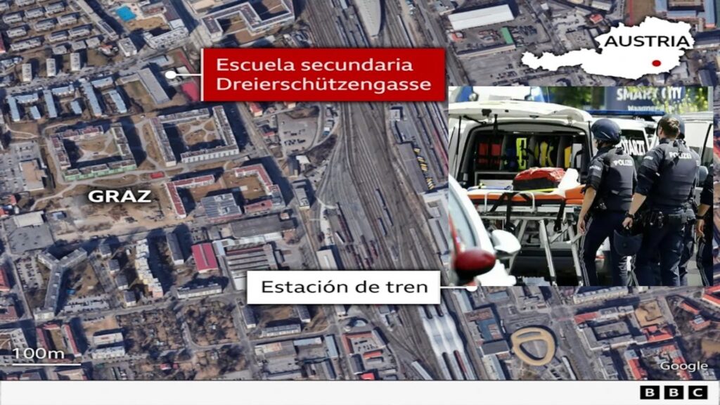 Mapa de Graz con escuela secundaria y policía.