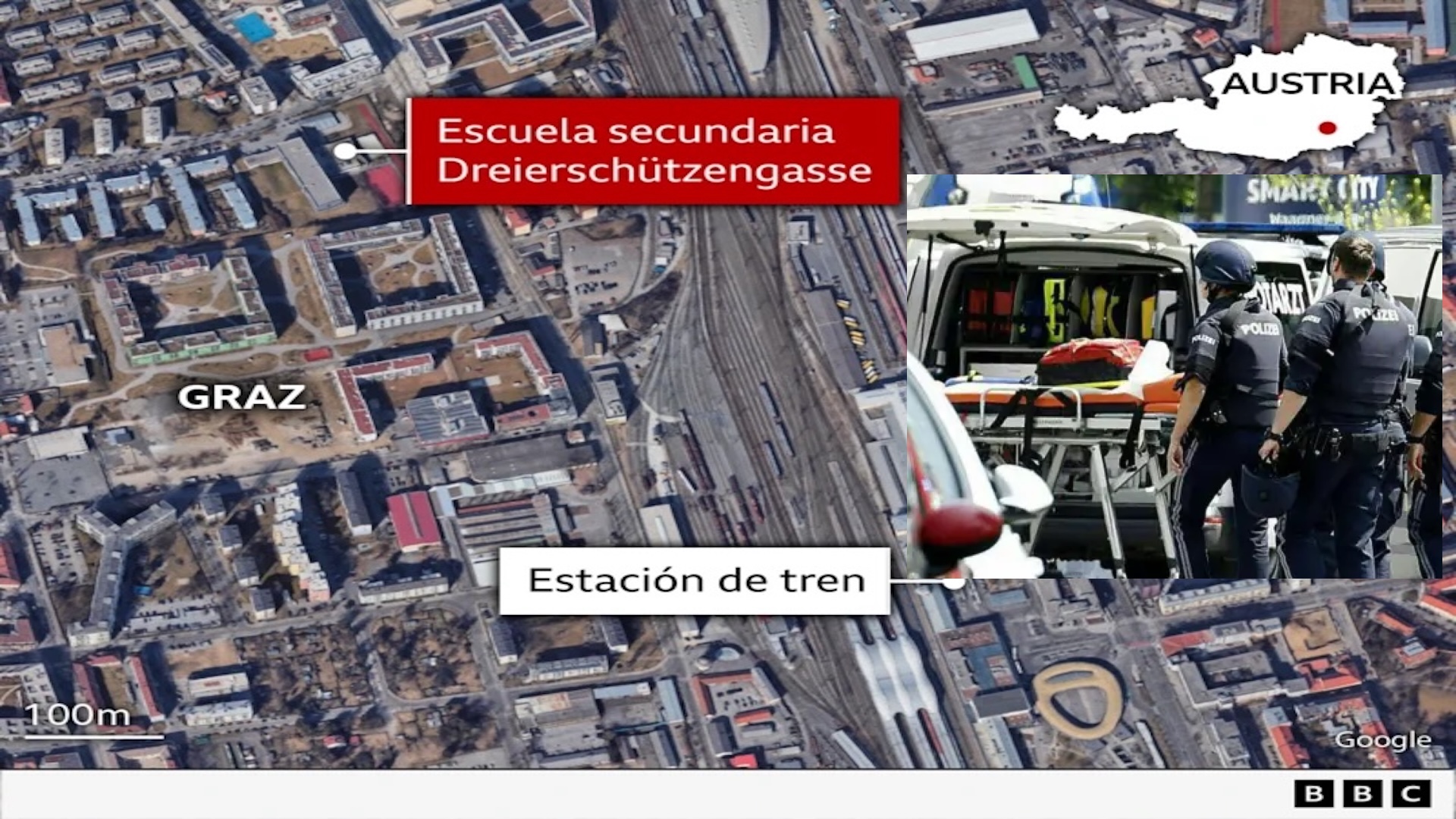 Mapa de Graz con escuela secundaria y policía.