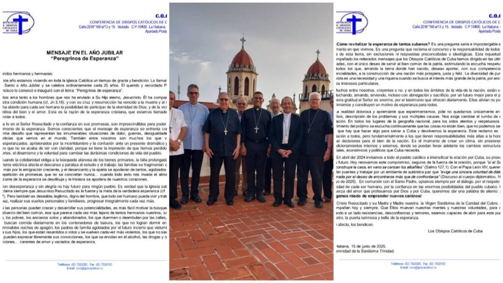 Carta obispos católicos de Cuba y grupo en terraza.