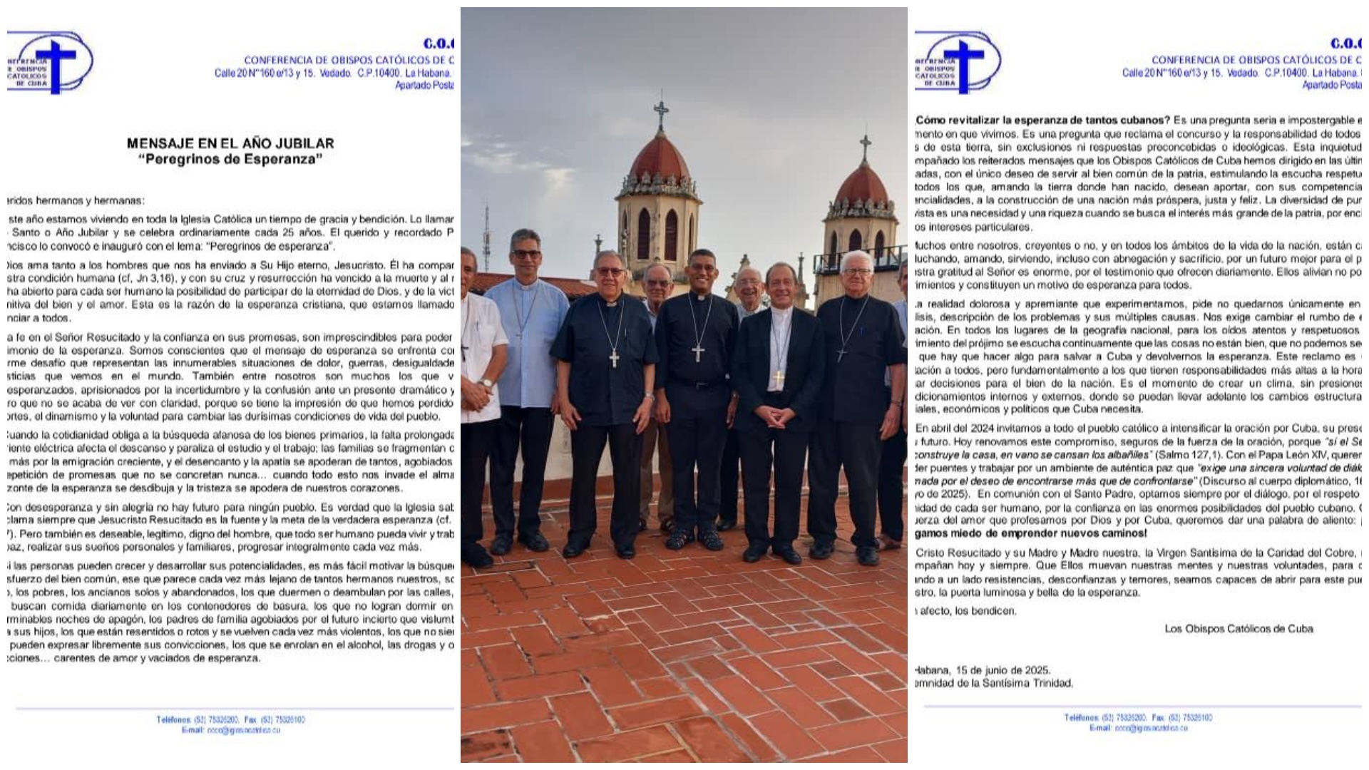 Carta obispos católicos de Cuba y grupo en terraza.