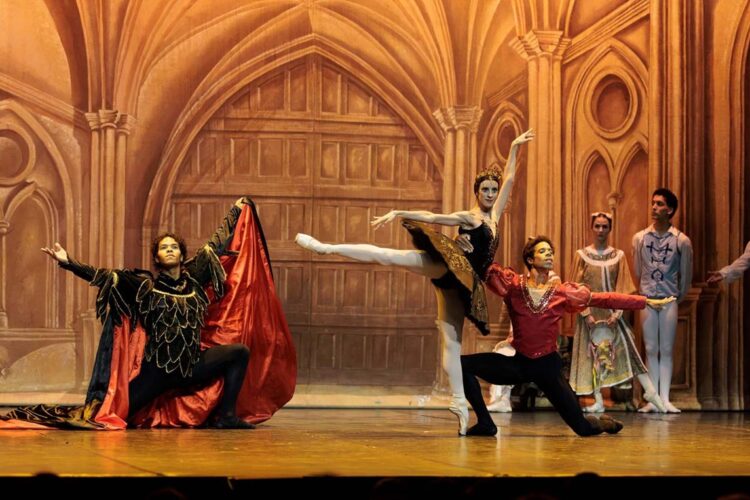 Bailarines en actuación de ballet en un teatro.