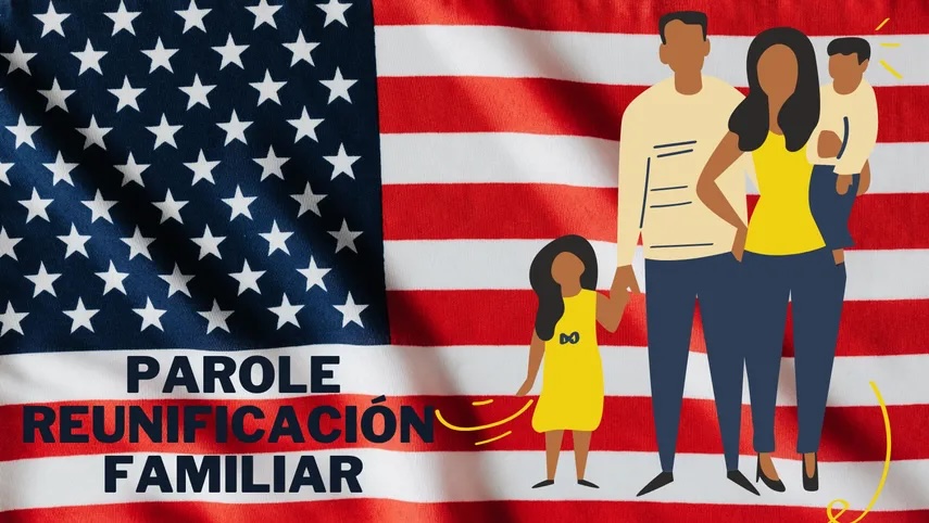 Ilustración de familia sobre bandera estadounidense.