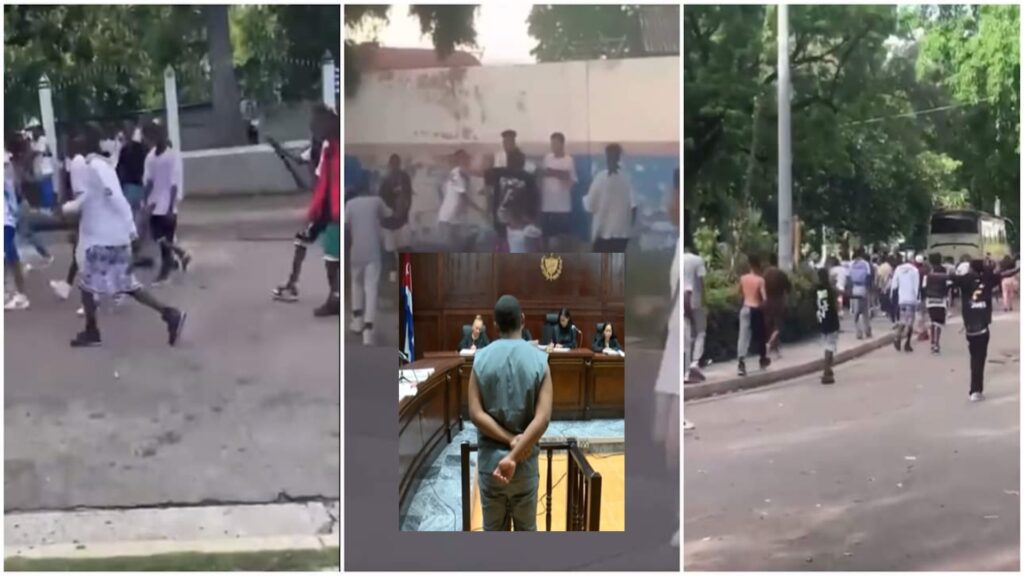 Multitud en la calle, escena de juzgado.