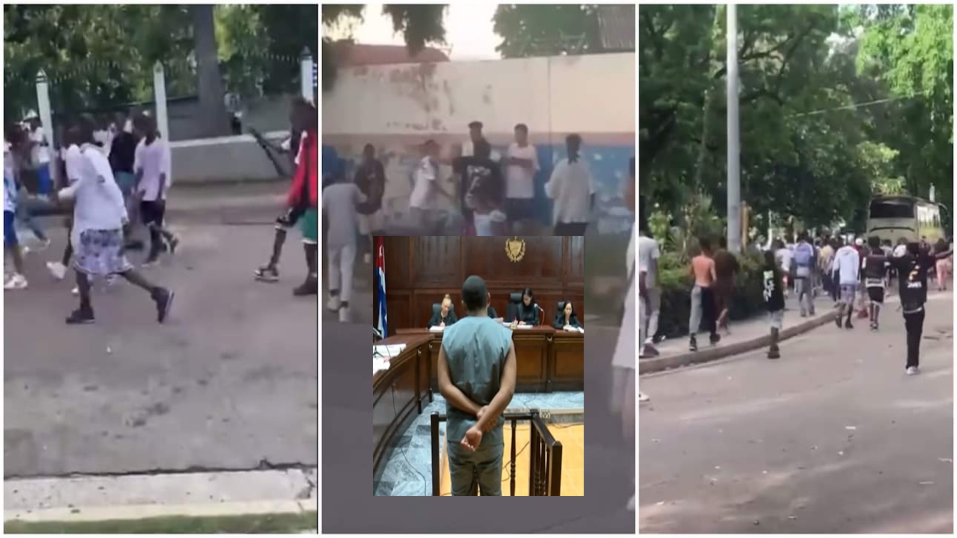 Multitud en la calle, escena de juzgado.