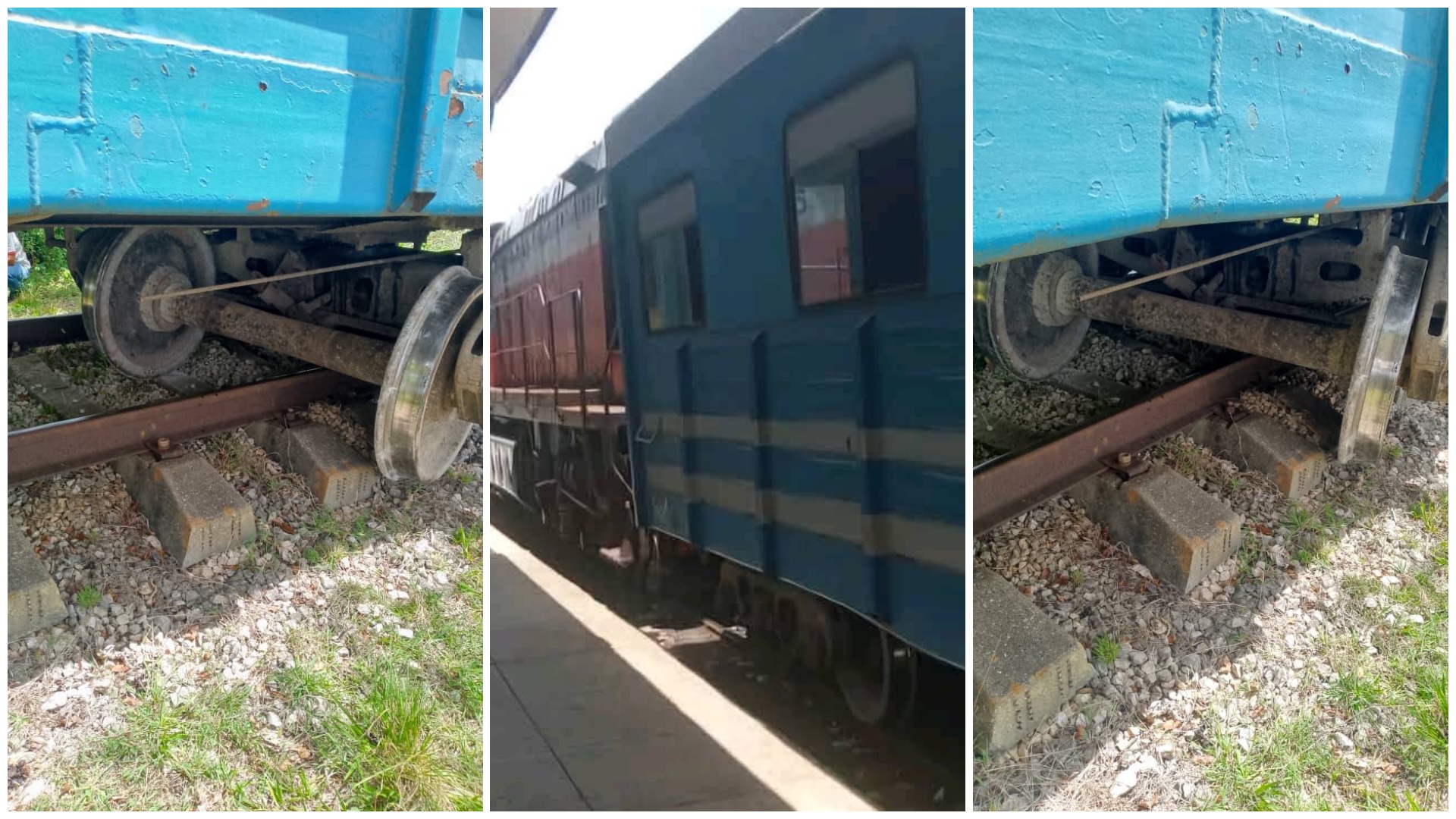 Tren descarrilado en las vías, ruedas desalineadas.
