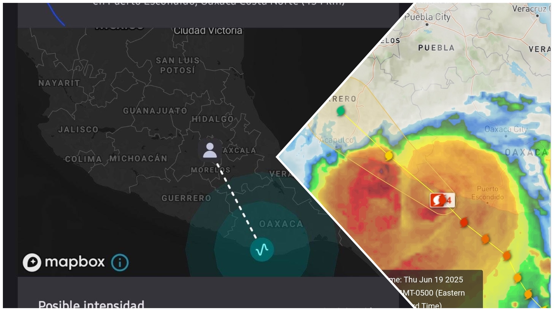Mapa meteorológico de tormenta en Oaxaca y Guerrero.