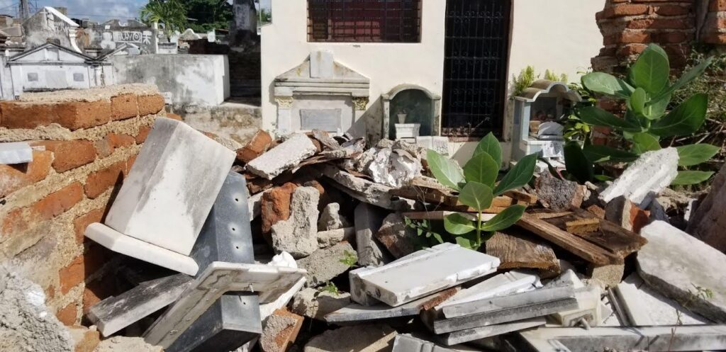 Escombros y vegetación en cementerio antiguo.