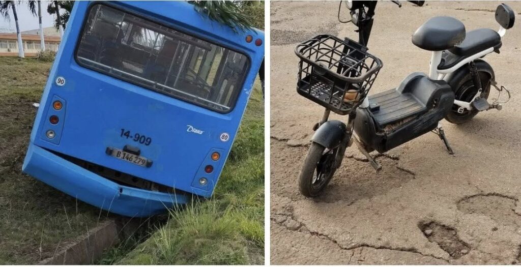 Autobús inclinado en zanja y moto eléctrica estacionada.