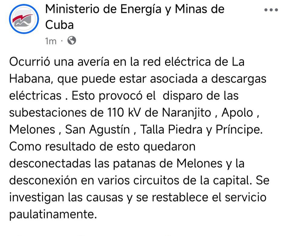 Avería eléctrica en La Habana; causa investigada.