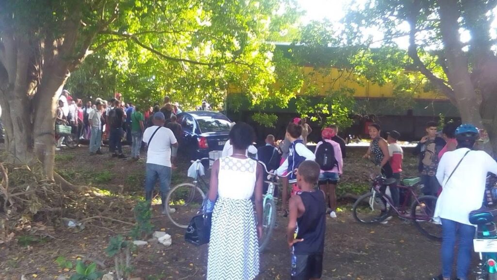 Multitud reunida con bicicletas y árboles alrededor.