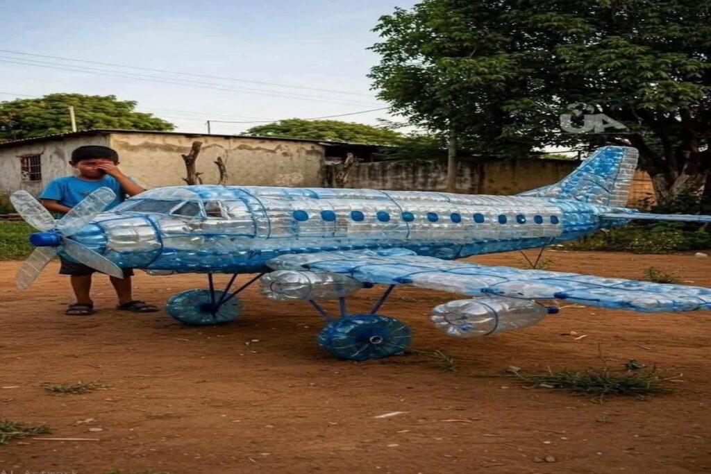 Niño junto a avión hecho de botellas recicladas