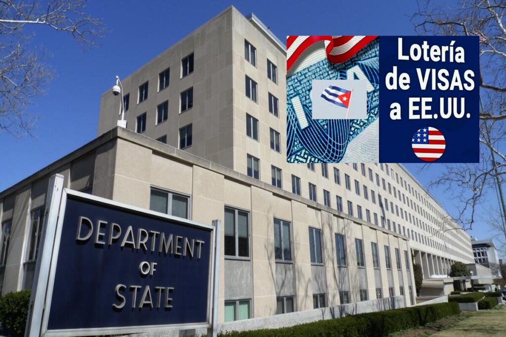 Edificio estatal y anuncio de lotería de visas EE.UU.