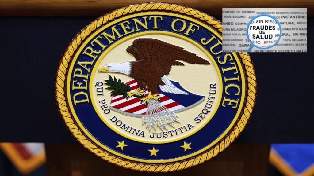 Escudo de justicia con lupa y texto fraudes salud