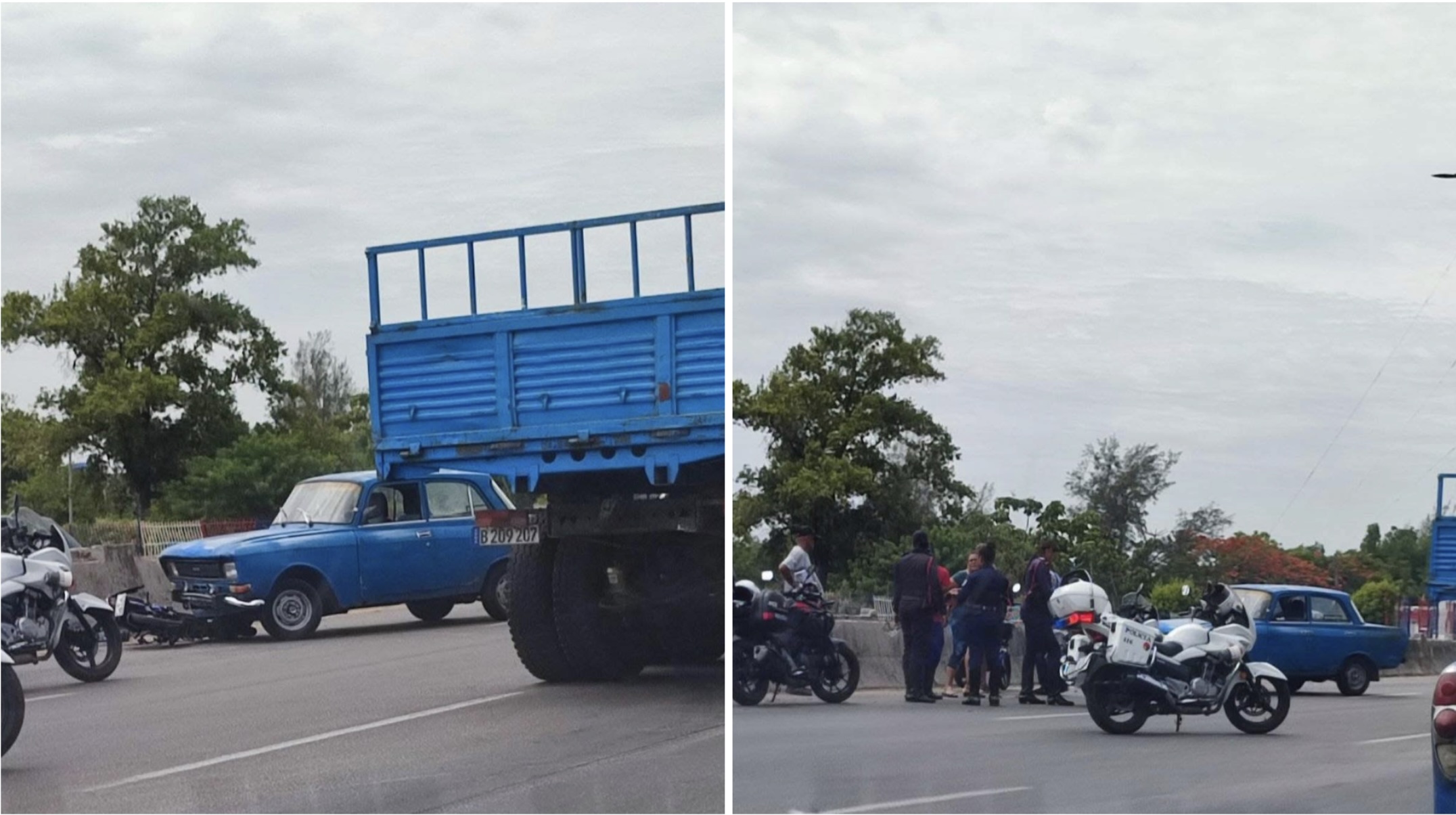 Accidente entre coche, camión y motos en carretera.