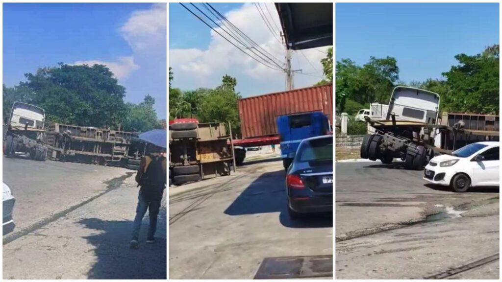 Camiones volcados en una carretera en tres fotos.