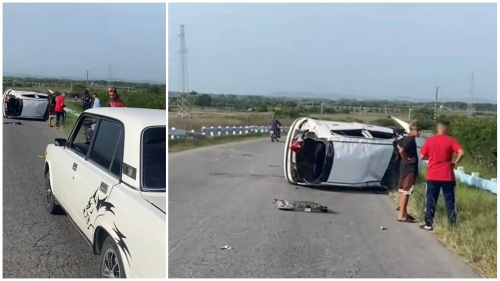 Accidente de coche volcado en carretera rural.