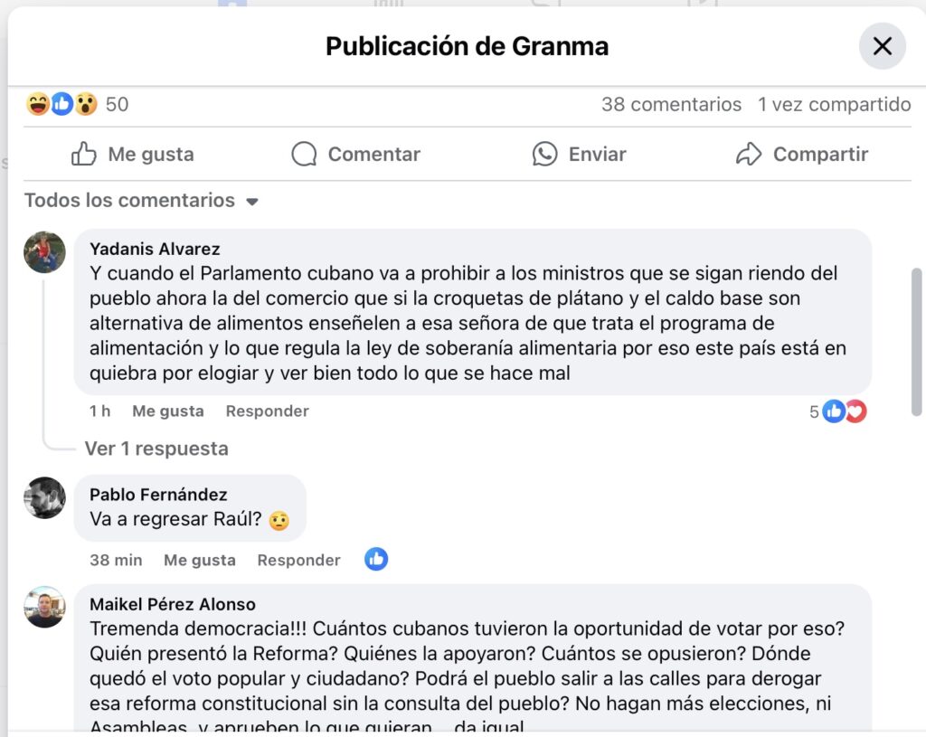 Comentarios en una publicación de Facebook sobre política cubana.