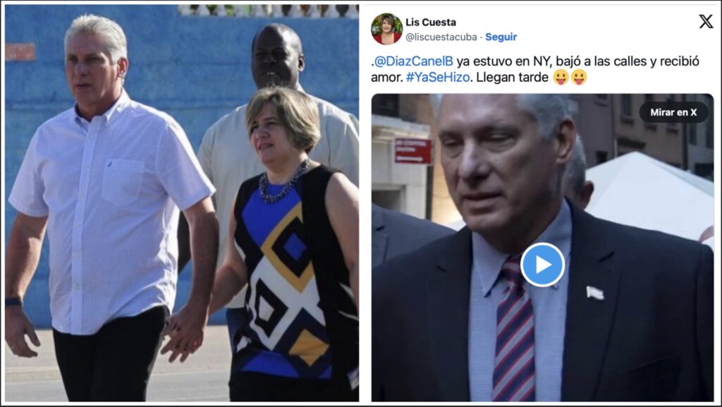 Personas caminando y mensaje en redes sociales