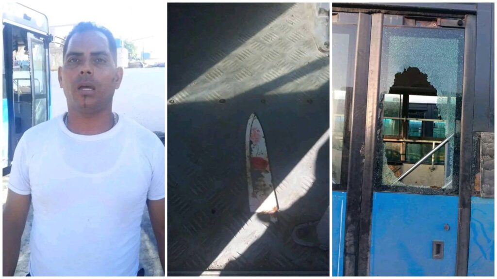 Hombre detenido, cuchillo y ventana rota en autobús