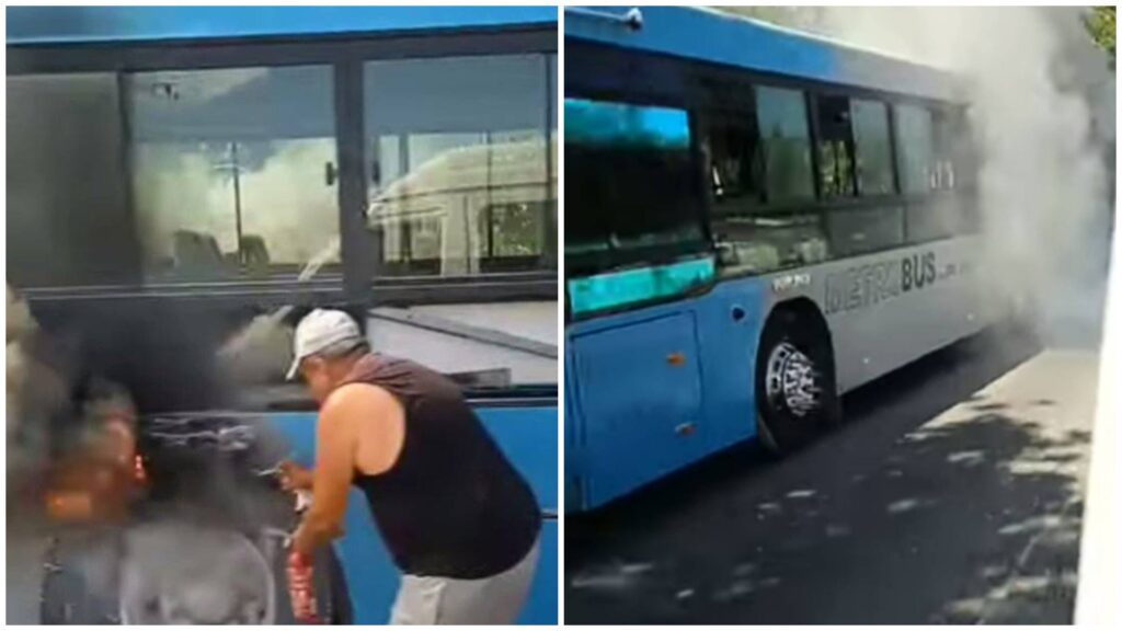 Extinguiendo incendio en autobús en la calle.