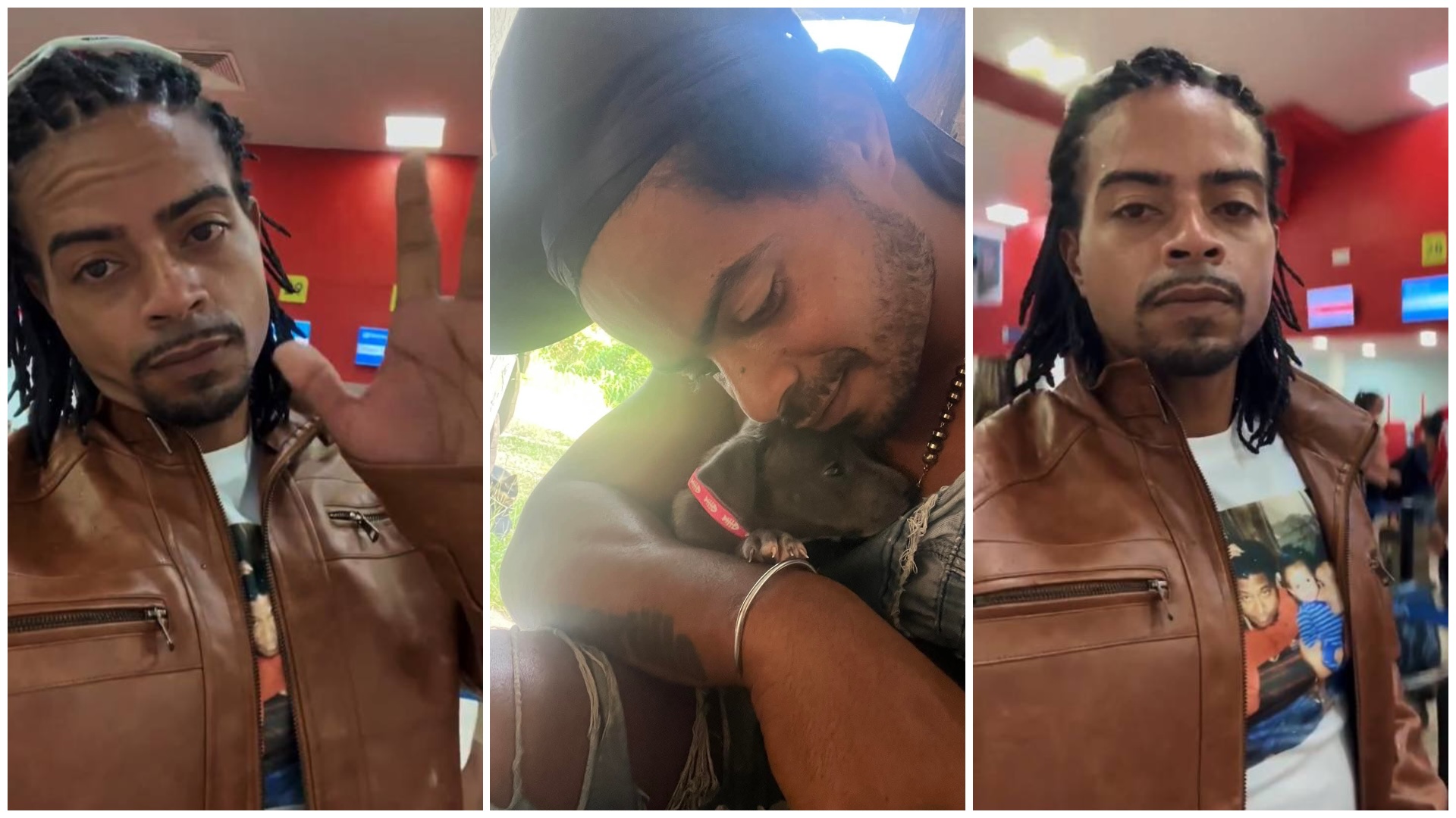 Hombre con chaqueta marrón en diferentes situaciones.