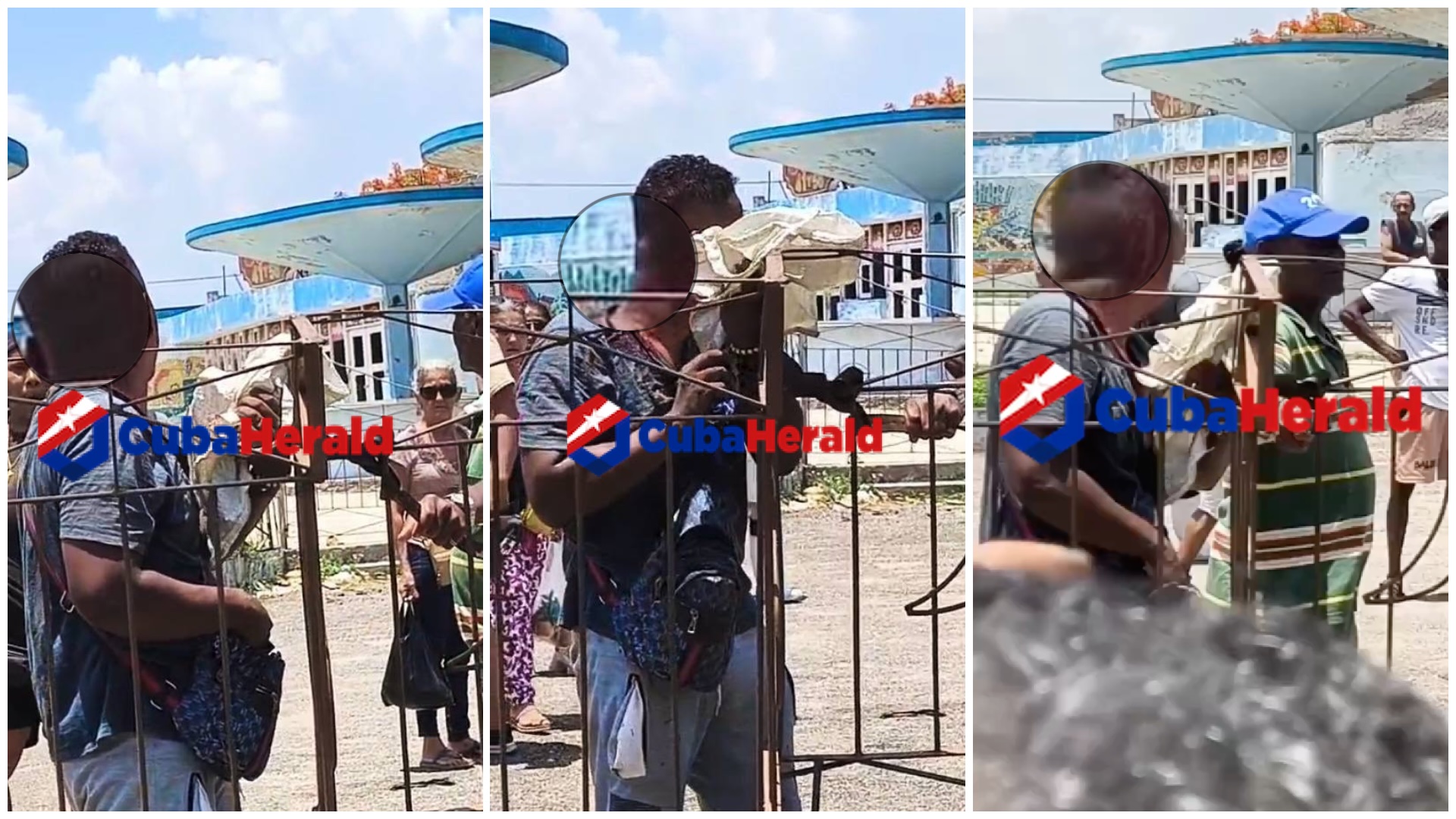 Personas reunidas afuera de un lugar con techo azul.