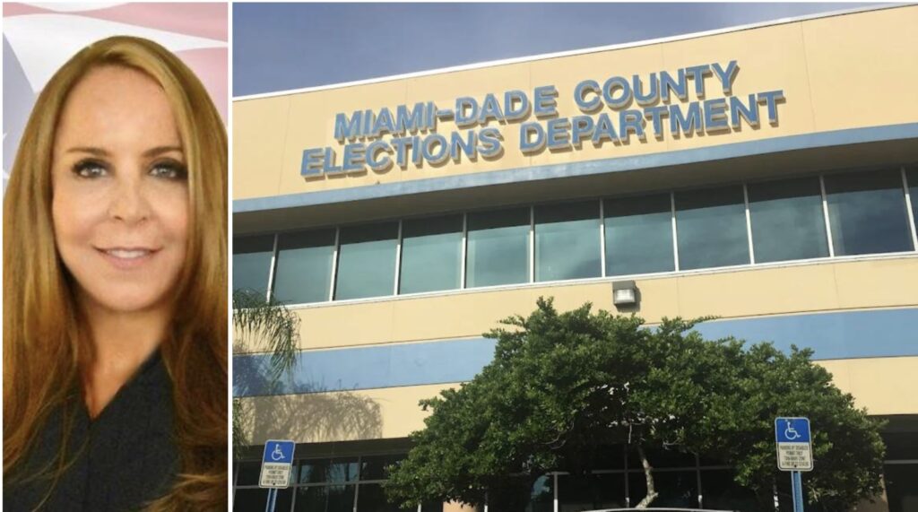 Mujer y edificio del Departamento de Elecciones de Miami-Dade.