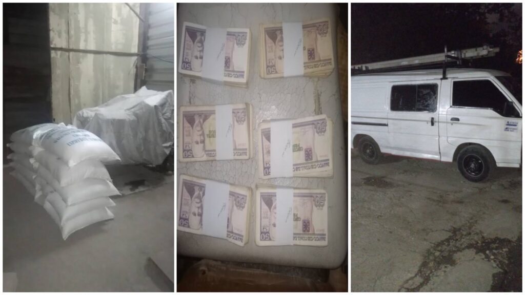 Sacos, billetes y furgoneta blanca de noche.