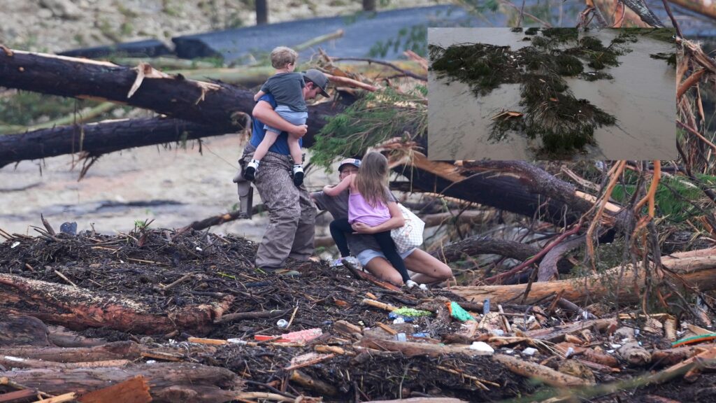 Familia sobre escombros tras tormenta en bosque.