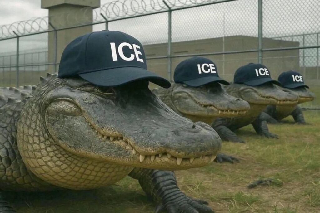 Caimanes con gorras negras dentro de una cerca.