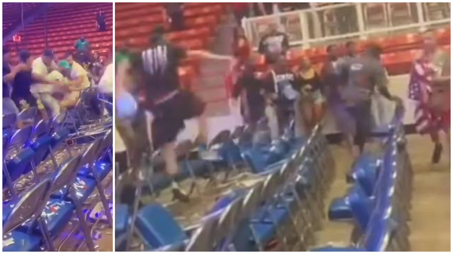 Personas corren entre sillas en un evento caótico.