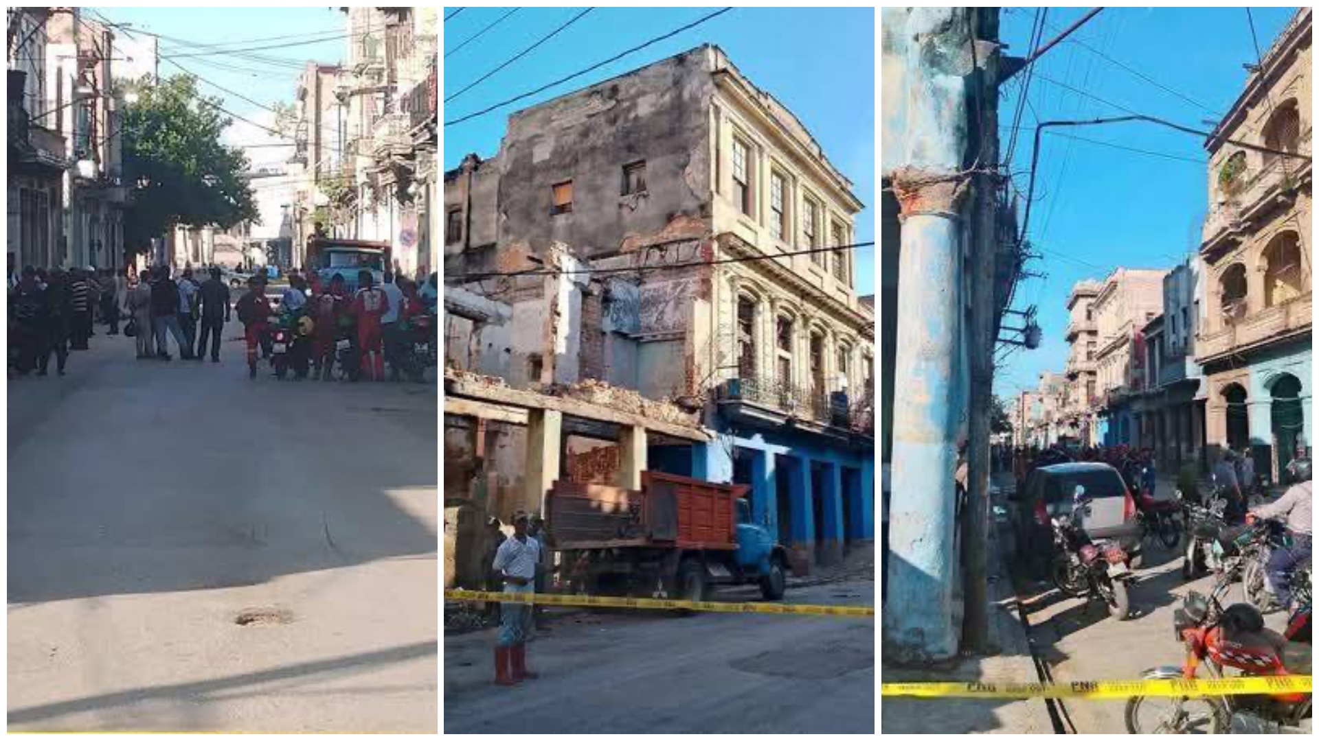 Calle urbana con edificio deteriorado y gente transitando.