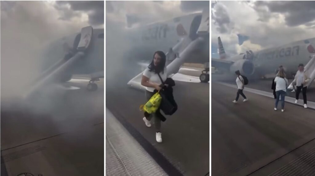 Pasajeros evacuando avión por emergencia en pista.