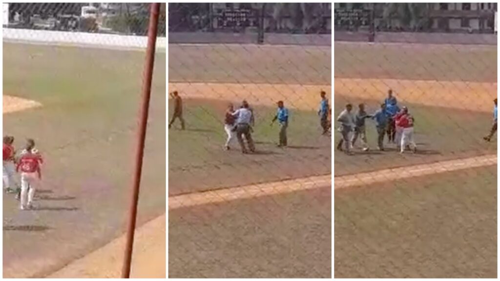 Incidente en partido de béisbol con jugadores y árbitros.