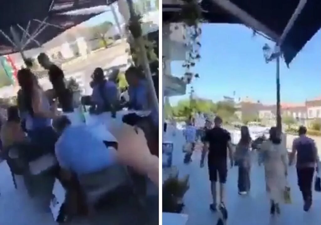 Personas en terraza y caminando al aire libre