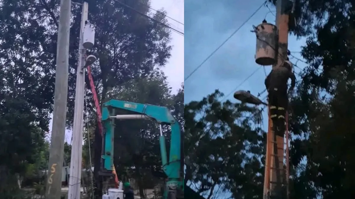Reparación de poste eléctrico con maquinaria.