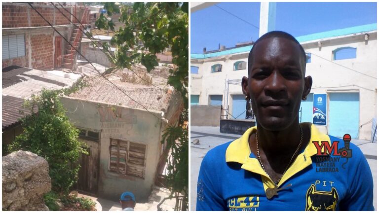 Casa antigua y hombre en camiseta azul