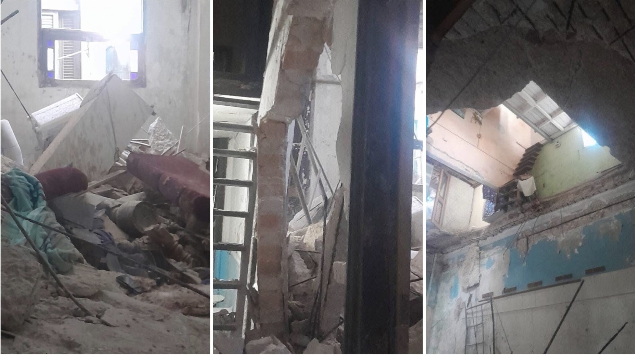 Edificio derrumbado y escombros en interior