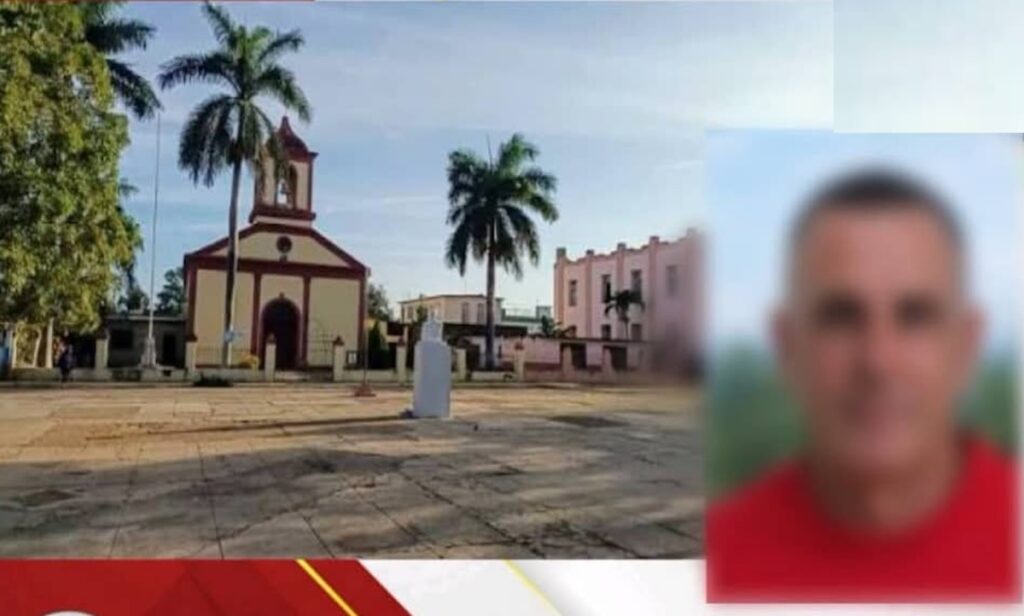 Iglesia rural con palmeras y retrato de hombre desenfocado.