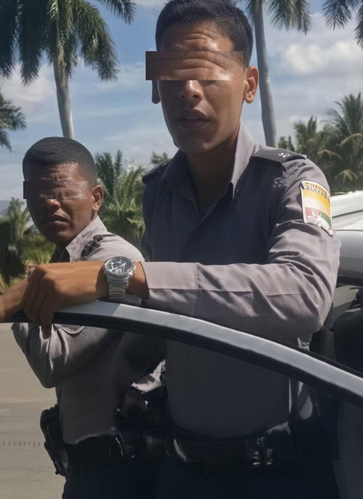 Dos oficiales de uniforme junto a un coche blanco.