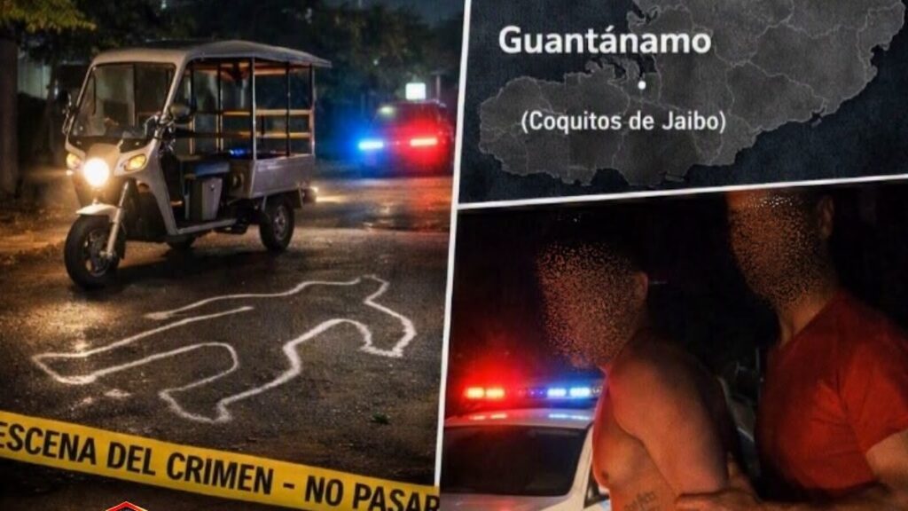 Escena de crimen nocturna en Guantánamo con bicitaxi y detenidos.