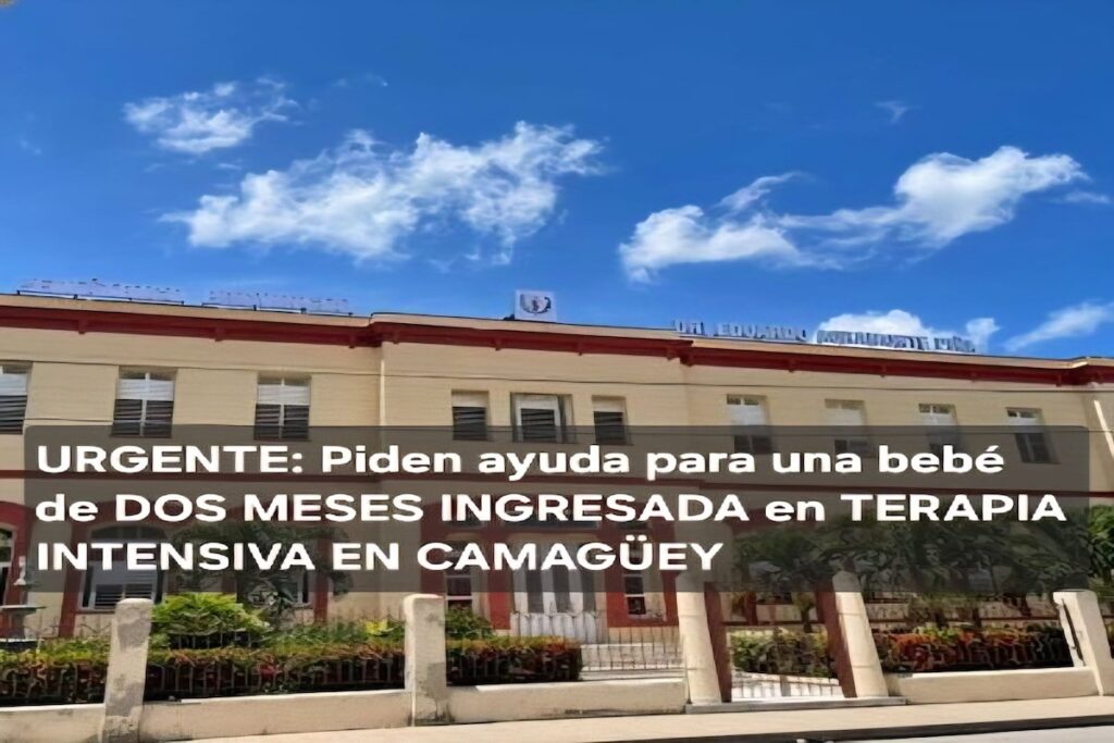 Fachada de hospital en Camagüey con texto de ayuda urgente.
