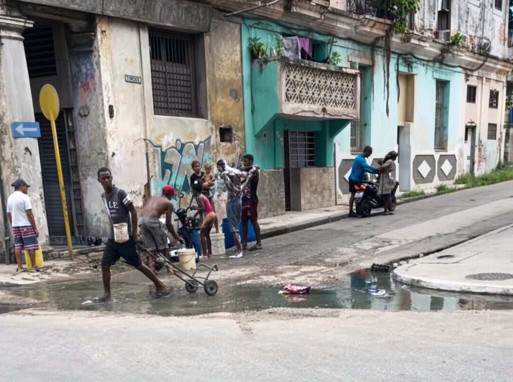 Personas en una calle de La Habana realizando tareas cotidianas.