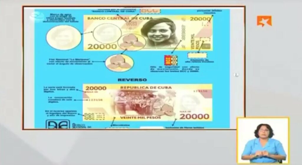 Infografía de un billete de 20.000 pesos cubanos.